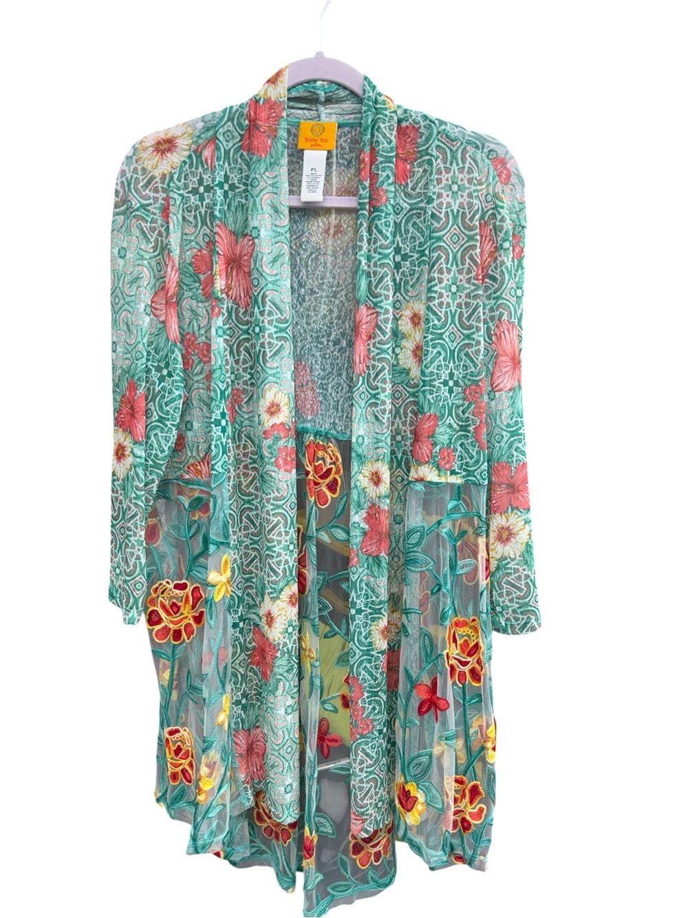 Ruby Rd. Teal Floral Mesh Swim Cover-Up with Pink and Yellow Accents